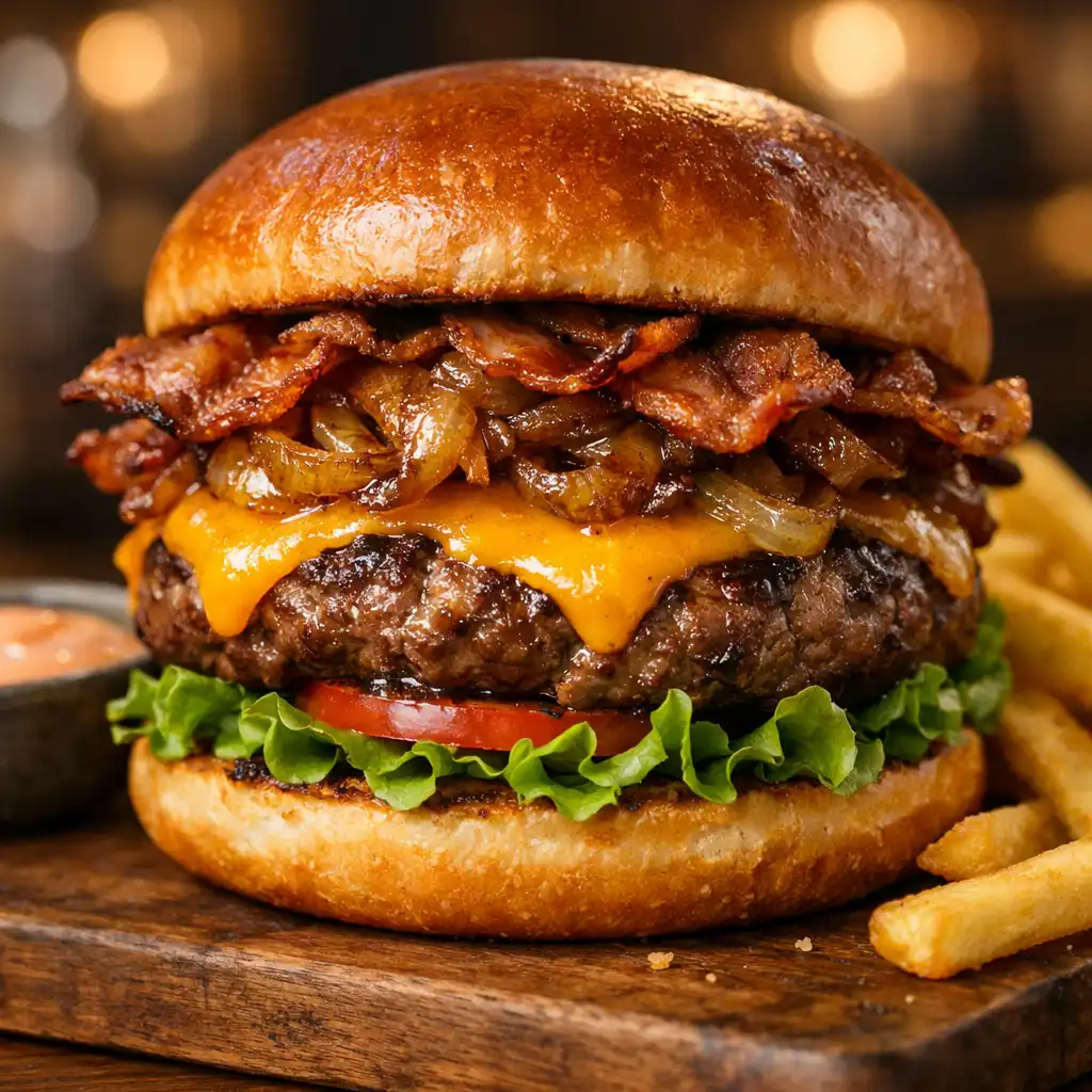 Domácí hovězí burger s čedarem, slaninou, karamelizovanou cibulkou a hranolky
