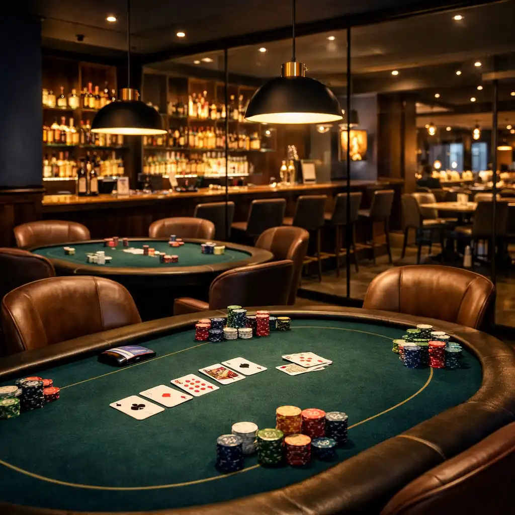 Card lounge s pokerovými stoly, žetony a barem v pozadí