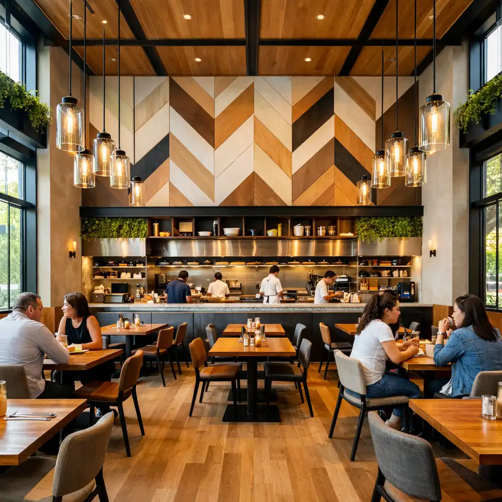 Interiér restaurace Stary Pavilon s vysokými stropy a velkými okny