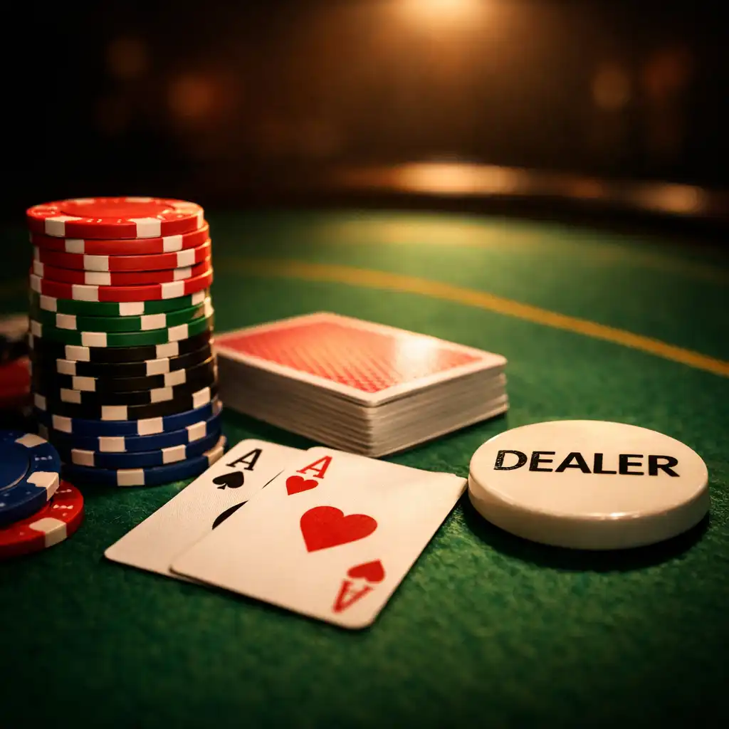 Detail pokerového stolu s žetony, kartami a dealer buttonem