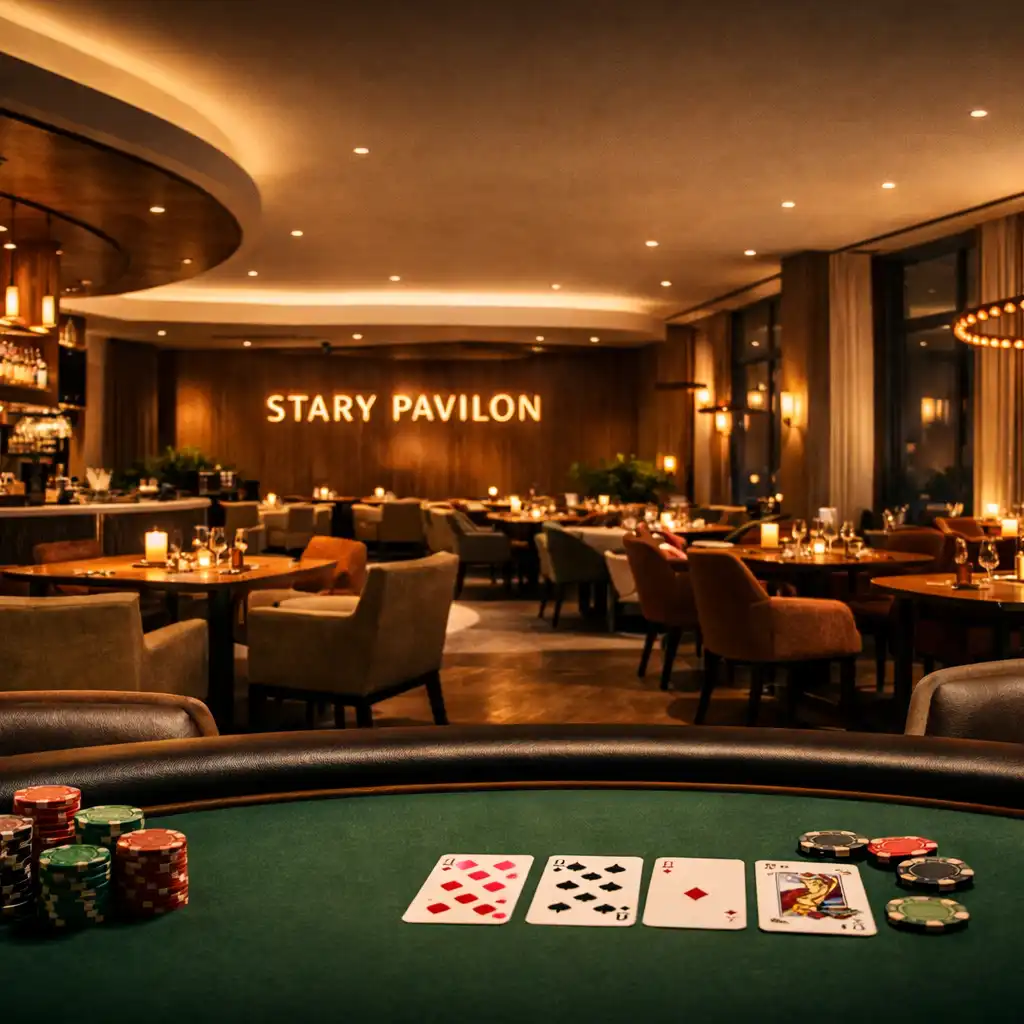 Interiér restaurace Stary Pavilon s teplým osvětlením a částí pokerového stolu v popředí