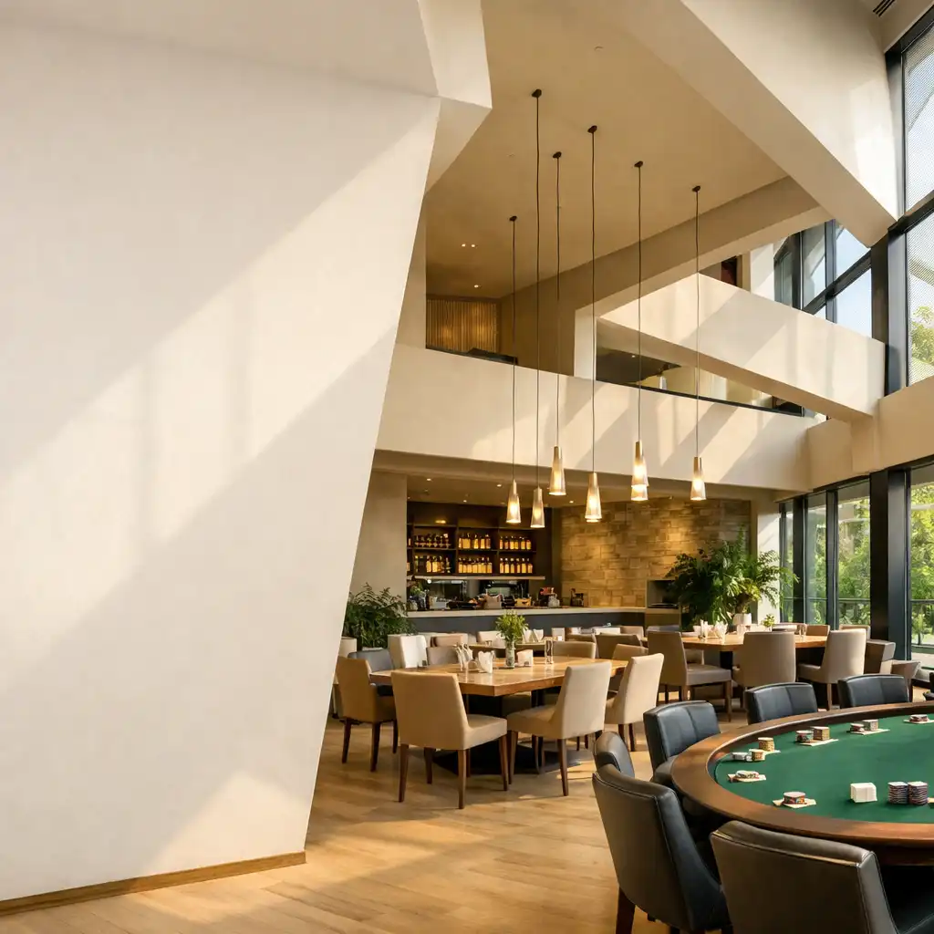 Moderní architektonický interiér restaurace Stary Pavilon s pokerovým stolem v pozadí
