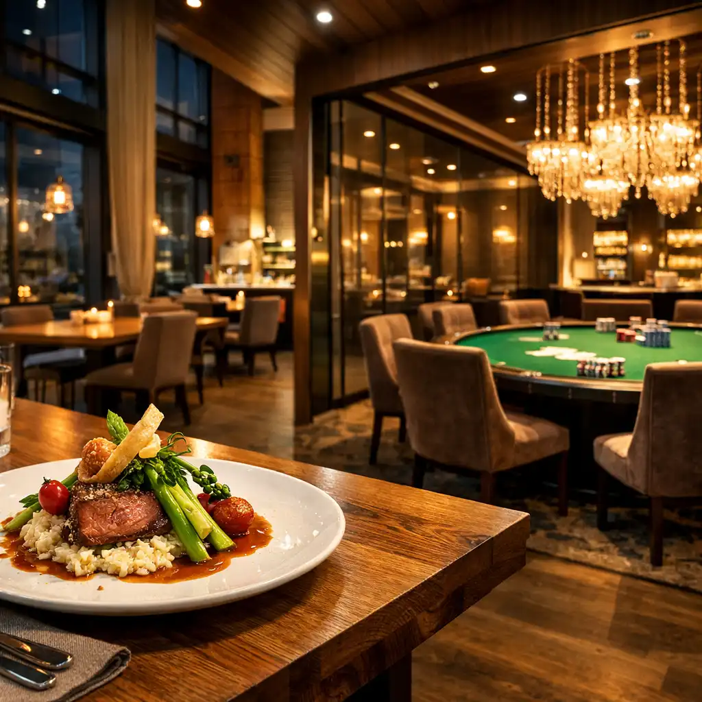 Moderní interiér restaurace Stary Pavilon s naservírovaným pokrmem v popředí a pokerovým salonkem v pozadí