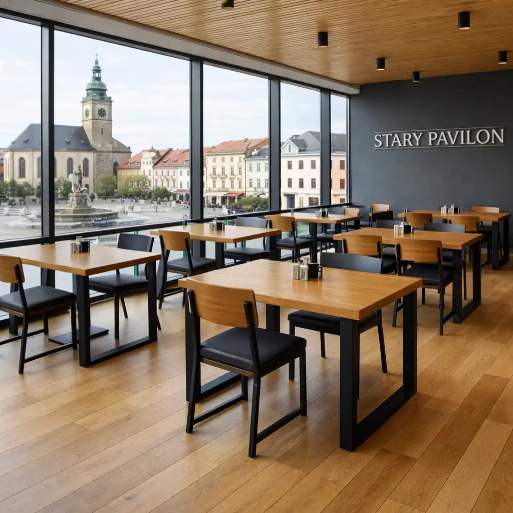 Moderní posezení v restauraci s dřevěnými stoly a velkými okny