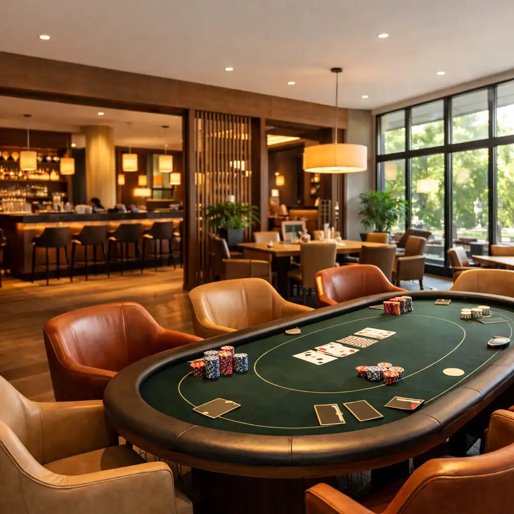 Moderní pokerová zóna v restauraci Stary Pavilon s pokerovým stolem a teplým osvětlením