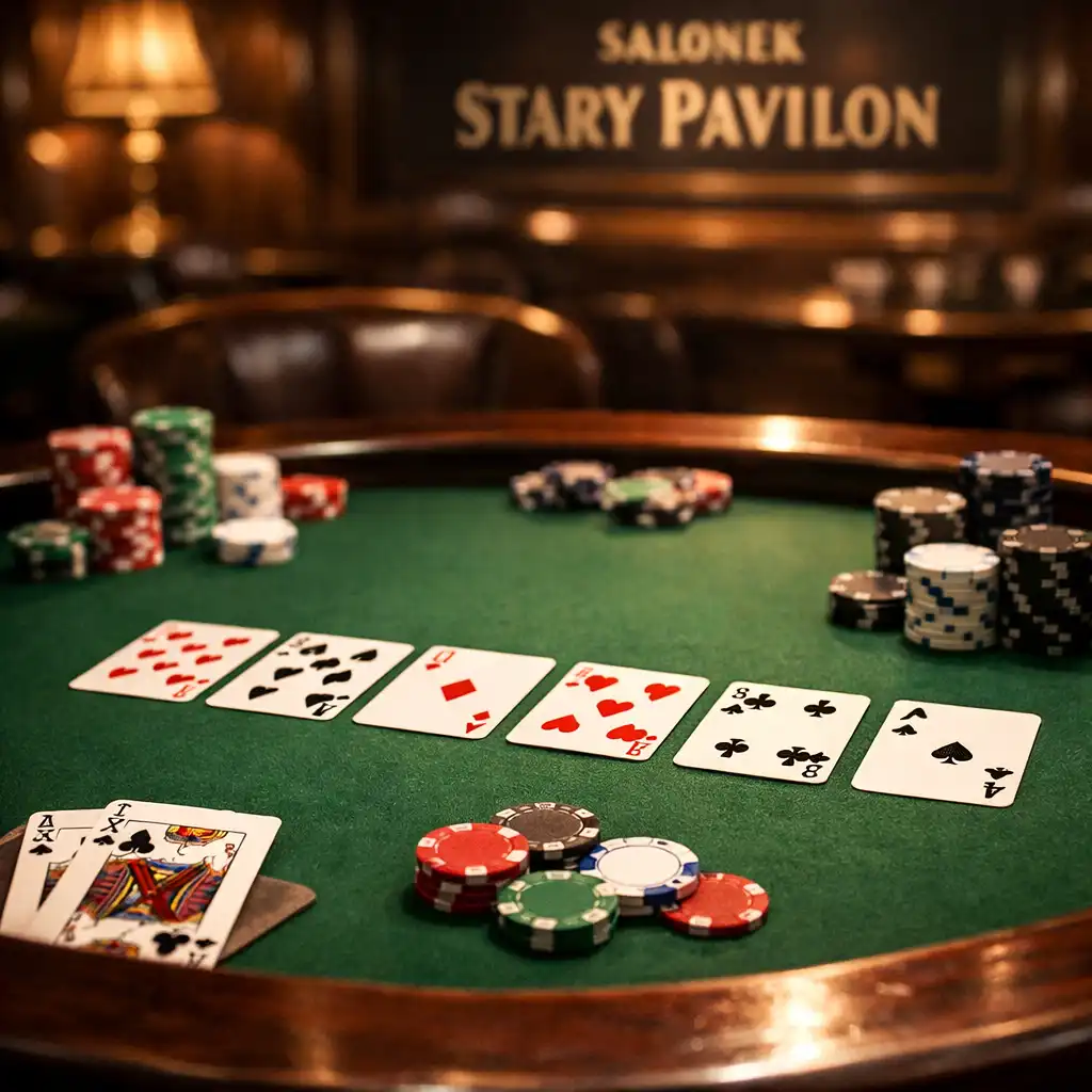 Detail pokerového stolu s kartami a žetony