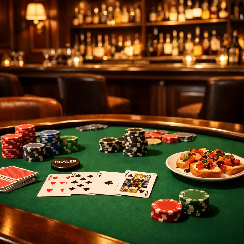 Pokerový stůl s kartami, žetony a talířem občerstvení v elegantním salonku