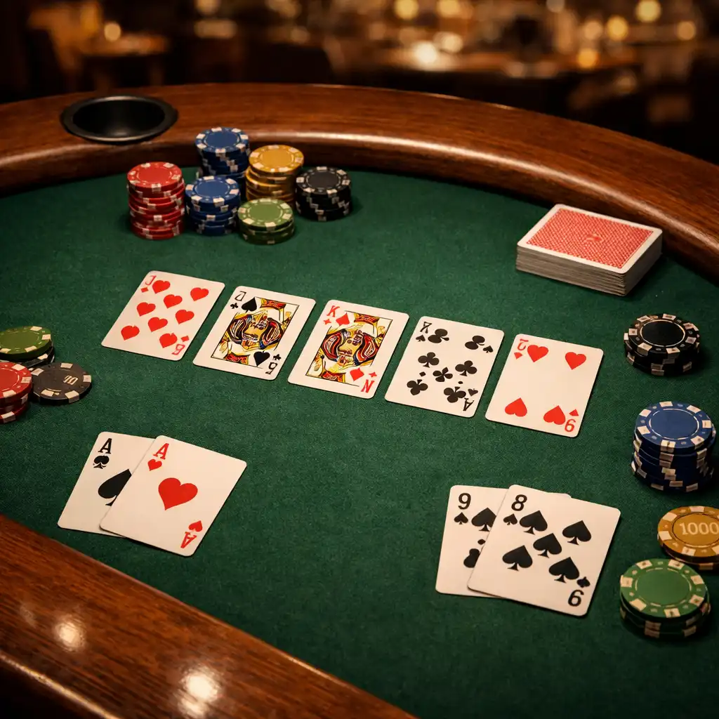 Detail profesionálního pokerového stolu s kartami a žetony