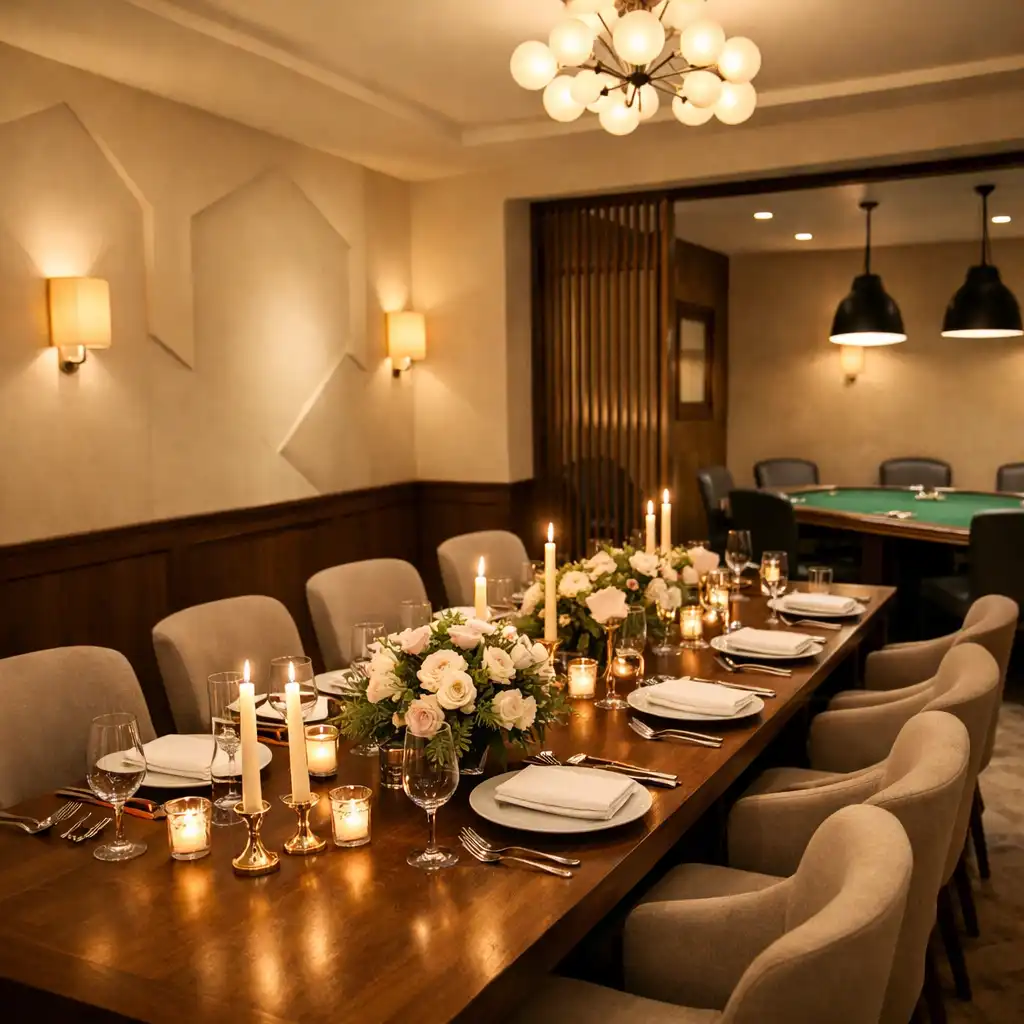 Prostor restaurace Stary Pavilon připravený pro soukromou akci s elegantním prostřeným stolem