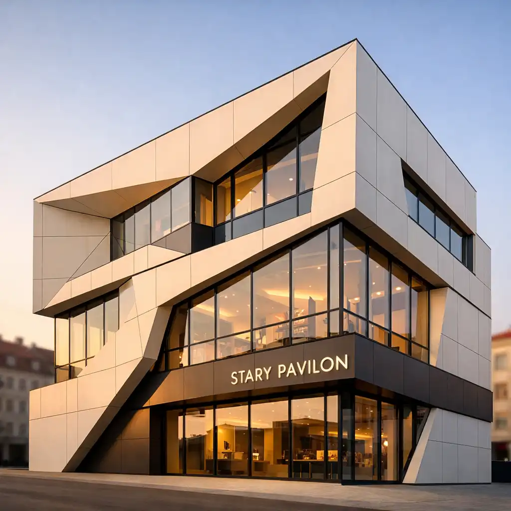 Exteriér Stary Pavilon s moderní geometrickou fasádou